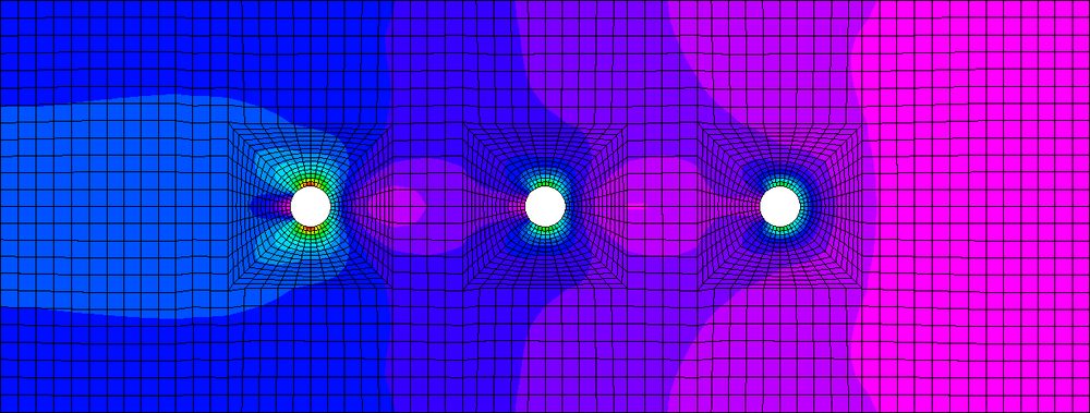Stress contour around a three-fastener bolt pattern in a plate