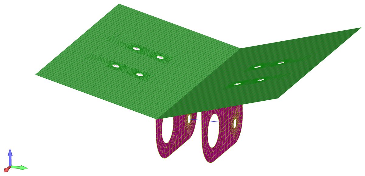 Shell-element finite element model of a tail-wheel bracket assembly in FEMAP